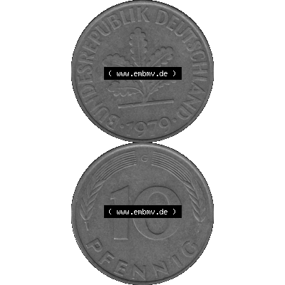 BRD Münzen 10 Pf. Umlaufmünze in PNG 1950-2001, 10 Pfennig 1979 G-01 Graustufen. Graustufen PNG-Bild, erstellt aus farbigen Vorlagen-Bild mit Vorderseite und Rückseite... Sammlung