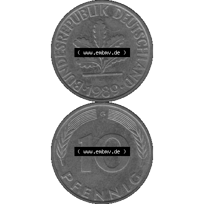 BRD Münzen 10 Pf. Umlaufmünze in PNG 1950-2001, 10 Pfennig 1989 G-10 Graustufen. Graustufen PNG-Bild, erstellt aus farbigen Vorlagen-Bild mit Vorderseite und Rückseite... Sammlung