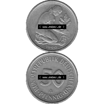 BRD Münzen Deutschland A 50 Pf. Umlaufmünze in Graustufen PNG 1990-2001, 50 Pfennig 1990 Münzzeichen "A" für Berlin - "A"-01 Graustufen. PNG... Sammlung