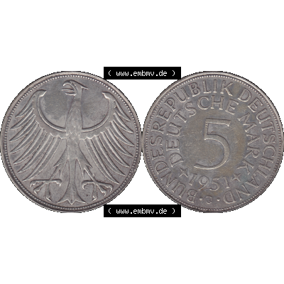 BRD Münzen 5 Deutsche Mark, 5 DM Silbermünze in 625/1000 Silber 1951-1974, 5 DM, 5 Deutsche Mark Silberadler, Heiermann 1951 J-1. Das digitale Bild/Foto... Sammlung