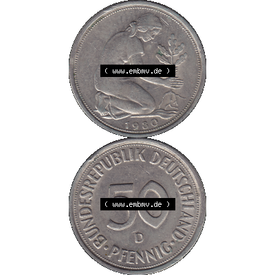 BRD Münzen 50 Pf. Umlaufmünze in PNG 1950-2001, 50 Pfennig BRD Deutschland 1980 Mzz. München "D"-01. Vorderseite und Rückseite auf einen Bild /... Sammlung