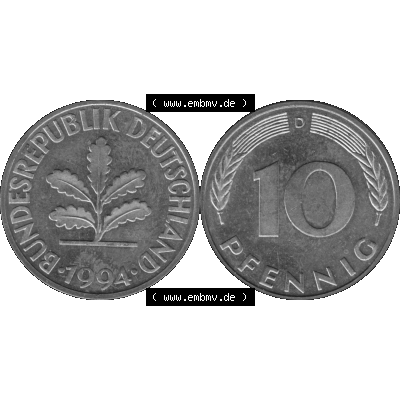 BRD Münzen 10 Pf. Umlaufmünze in PNG 1950-2001, 10 Pfennig 1994 D-02 Graustufen. Graustufen-Bilder der Vorderseite und Rückseite mit Wert-Zahl auf einen Bild / Foto... Sammlung