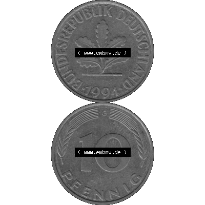 BRD Münzen 10 Pf. Umlaufmünze in PNG 1950-2001, 10 Pfennig 1994 G-12 Graustufen. Graustufen PNG-Bild, erstellt aus farbigen Vorlagen-Bild mit Vorderseite und Rückseite... Sammlung