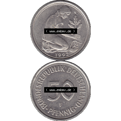 BRD Münzen 50 Pf. Umlaufmünze in PNG 1950-2001, 50 Pfennig BRD Deutschland 1992 Stuttgart F-1. Transparente Vorderseite und Rückseite der Münze vertikal untereinander... Sammlung