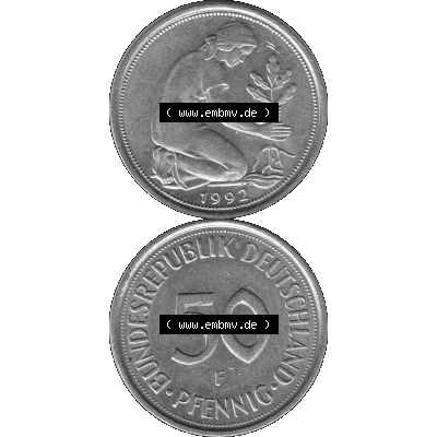 BRD Münzen Deutschland F 50 Pf. Umlaufmünze in Graustufen PNG 1950-2001, 50 Pfennig 1992 Münzzeichen "F" für Stuttgart - "F"-01 Graustufen. PNG... Sammlung