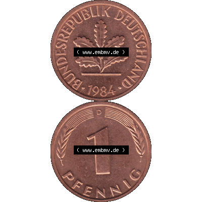 BRD Münzen in PNG 1950-2001, 1 Pfennig der BRD Deutschland 1984, 1980er Jahre Mzz. München D-01. Hier befindet sich eine PNG-Grafik einer 1 Pfennig Münze BRD mit... Sammlung
