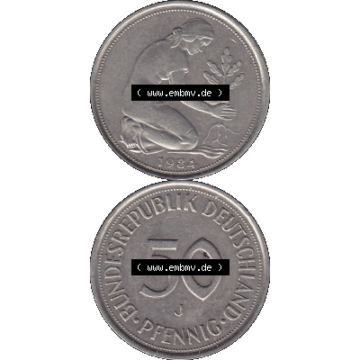 BRD Münzen 50 Pf. Umlaufmünze in PNG 1950-2001, 50 Pfennig BRD Deutschland 1984 Münzstätte Hamburg Mzz. J-01. 50 Pfennig Münze aus den 1980-er Jahren.... Sammlung