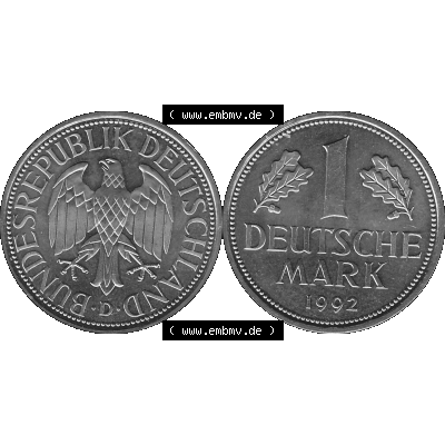 BRD Deutschland Münzen 1 / Eine DM / Eine Deutsche Mark in Graustufen PNG 1950-2001, 1 DM Deutsche Mark, 1992 Münzzeichen für München Mzz. D-01 Graustufen.... Sammlung