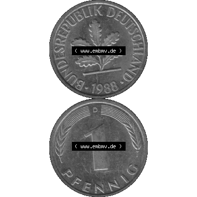 BRD Münzen 1 Pfennig Umlaufmünze in Graustufen PNG 1950-2001, 1 Pfennig 1988 München D-01. Graustufen-Bild erstellt aus Farbigen Bild mit Vorderseite und Rückseite auf... Sammlung