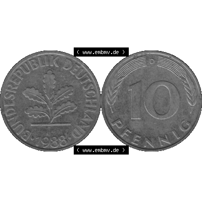 BRD Münzen 10 Pf. Umlaufmünze in PNG 1950-2001, 10 Pfennig 1988 D-01 Graustufen. Graustufen-Bilder der Vorderseite und Rückseite mit Wert-Zahl auf einen Bild / Foto... Sammlung