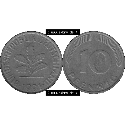 BRD Münzen 10 Pf. Umlaufmünze in PNG 1990-2001, 10 Pfennig 1991 A-01 Graustufen. Graustufen-Bilder der Vorderseite und Rückseite mit Wert-Zahl auf einen Bild / Foto... Sammlung