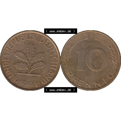 BRD Münzen 10 Pf. Umlaufmünze in PNG 1990-2001, 10 Pfennig 1994 A-01. Vorderseite und Rückseite mit Wert-Zahl auf einen Bild / Foto der digitalisierten 10 Pfennig... Sammlung