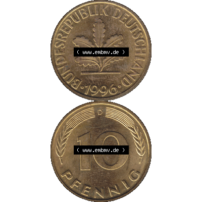 BRD Münzen 10 Pf. Umlaufmünze in PNG 1950-2001, 10 Pfennig 1996 D-01. Vorderseite und Rückseite auf einen Bild / Foto vertikal untereinander zusammengefügt,... Sammlung