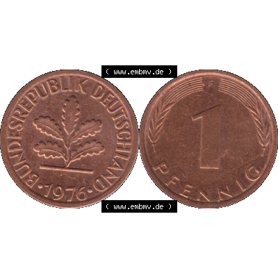 BRD Münzen 1 Pfennig Umlaufmünze in PNG 1950-2001, 1 Pfennig 1976, 1970er Jahre Stuttgart F-01. Die PNG-Grafik zeigt eine 1 Pfennig Münze der Bundesrepublik Deutschland.... Sammlung