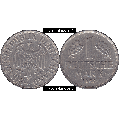 BRD Münzen 1 DM, Umlaufmünze 1950-2001, 1 / Eine DM - Eine Deutsche Mark, 1954 G-1. Münzen-Rückseite und Münzen-Vorderseite als transparente PNG-Grafik... Sammlung
