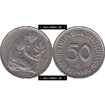 BRD Münzen 50 Pf. Umlaufmünze in PNG 1950-2001, 50 Pfennig 1987 F-01. Vorderseite und Rückseite mit Wert-Zahl auf einen Bild / Foto der digitalisierten 50 Pfennig... Sammlung
