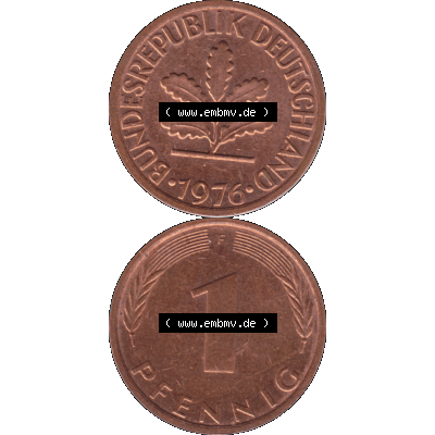 BRD Münzen 1 Pfennig Umlaufmünze in PNG 1950-2001, 1 Pfennig 1976, 1970er Jahre Stuttgart F-01. Hier befindet sich eine PNG-Grafik einer 1 / Ein Pfennig Münze Stuttgart... Sammlung