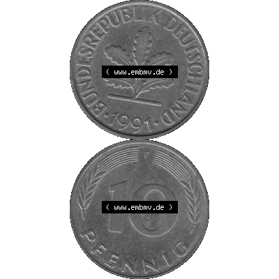 BRD Münzen 10 Pf. Umlaufmünze in PNG 1950-2001, 10 Pfennig 1991 F-01 Graustufen. Graues-Bild aus farbigen Bild erstellt mit Vorderseite und Rückseite auf einen Bild /... Sammlung