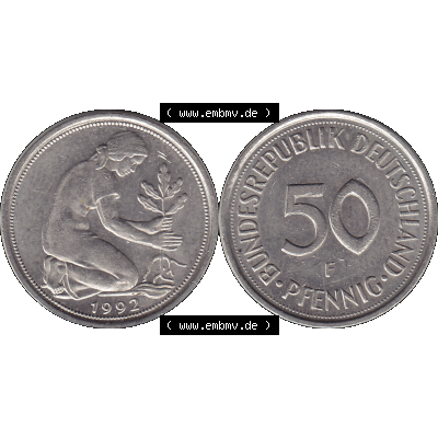 BRD Münzen 50 Pf. Umlaufmünze in PNG 1950-2001, 50 Pfennig BRD Deutschland 1992 Stuttgart F-1. Transparente Vorderseite und Rückseite als PNG-Grafik mit Wert-Zahl von... Sammlung