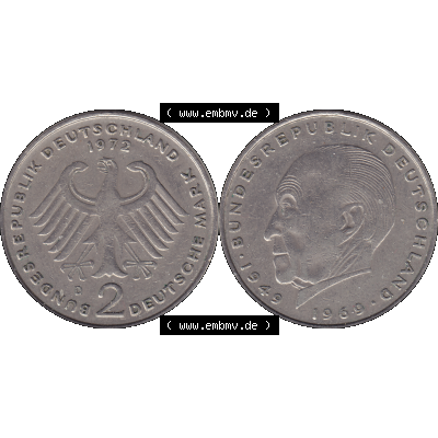 BRD Münzen 2 DM, Gedenkmünze in PNG 1969-1987, 2 DM, Deutsche Mark Konrad Adenauer 1972 Münzzeichen München D-1. Vorderseite und Rückseite mit Deutschen... Sammlung
