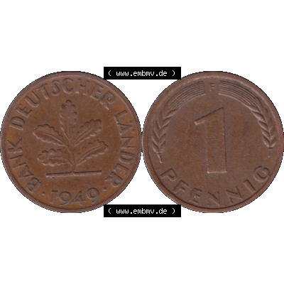 BRD Münzen 1 Pfennig Umlaufmünze in PNG 1948-1949, 1 Pfennig 1949, 1950er Jahre Stuttgart F-01. Die PNG-Grafik zeigt eine 1 Pfennig Münze der Bundesrepublik Deutschland.... Sammlung