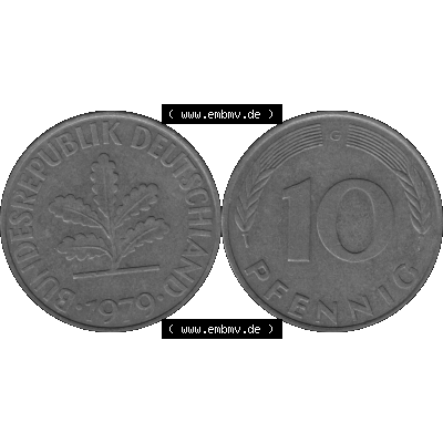 BRD Münzen 10 Pf. Umlaufmünze in PNG 1950-2001, 10 Pfennig 1979 G-01 Graustufen. Graustufen-Bild vom Scanner aus farbigen Bild mit Vorderseite und Rückseite mit Wert-Zahl... Sammlung