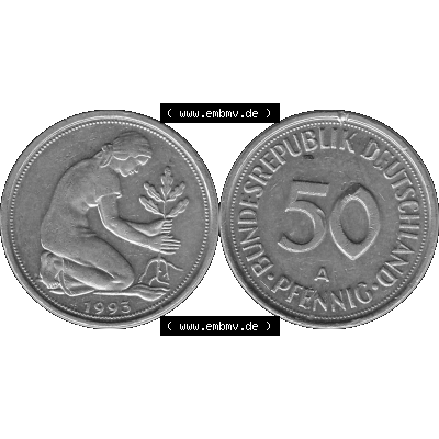 BRD Münzen Deutschland A 50 Pf. Umlaufmünze in Graustufen PNG 1990-2001, 50 Pfennig 1993 Münzzeichen "A" für Berlin - "A"-01 Graustufen. PNG... Sammlung
