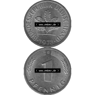 BRD Münzen 1 Pfennig BRD-Deutschland Umlaufmünze in Graustufen PNG 1950-2001, 1 Pfennig 1978, 1970er Jahre Münzstätte Karlsruhe G-01. Graustufen-Bild erstellt aus... Sammlung
