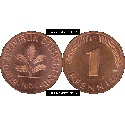 BRD Münzen in PNG 1950-2001, 1 Pfennig der BRD Deutschland 1994, 1990er Jahre Münzzeichen München D-01. Die PNG-Grafik zeigt eine 1 Pfennig Münze der Bundesrepublik... Sammlung