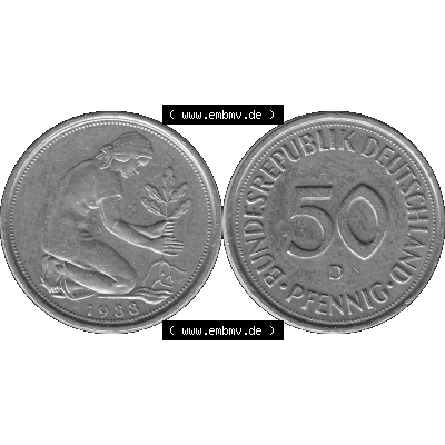 BRD Münzen Deutschland D 50 Pf. Umlaufmünze in Graustufen PNG 1950-2001, 50 Pfennig 1988 Münzzeichen "D" für München - "D"-01 Graustufen.... Sammlung