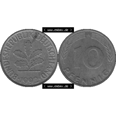 BRD Münzen 10 Pf. Umlaufmünze in PNG 1990-2001, 10 Pfennig 1992 A-01 Graustufen. Graustufen-Bilder der Vorderseite und Rückseite mit Wert-Zahl auf einen Bild / Foto... Sammlung