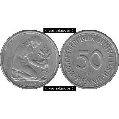 BRD Münzen Deutschland D 50 Pf. Umlaufmünze in Graustufen PNG 1950-2001, 50 Pfennig 1991 Münzzeichen "D" für München - "D"-01 Graustufen.... Sammlung
