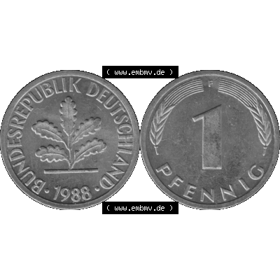 BRD Münzen 1 Pfennig Umlaufmünze in Graustufen PNG 1950-2001, 1 Pfennig 1988, 1980er Jahre Mzz. F-01. Graustufen-Bild aus Farbigen Bilder mit Vorderseite und Rückseite... Sammlung