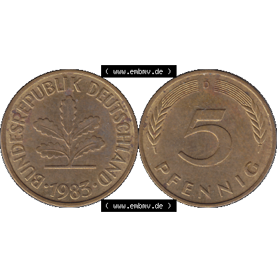 BRD Münzen 5 Pf., Umlaufmünze 1950-2001, 5 Pfennig Deutschland der BRD, 1983 Münzstätte München Mzz. D-01. Vorderseite und Rückseite... Sammlung