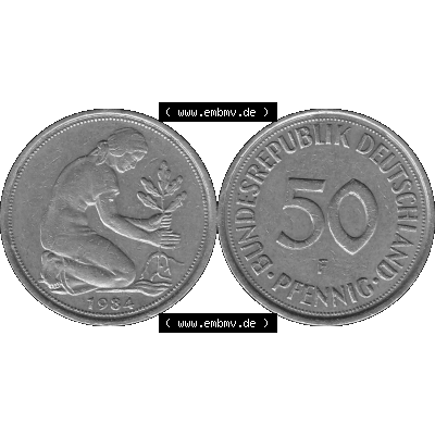 BRD Münzen Deutschland F 50 Pf. Umlaufmünze in Graustufen PNG 1950-2001, 50 Pfennig 1984 Münzzeichen "F" für Stuttgart - "F"-01 Graustufen. PNG... Sammlung