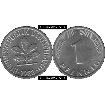 BRD Münzen 1 Pfennig BRD-Deutschland Umlaufmünze in Graustufen PNG 1950-2001, 1 Pfennig 1983, 1980er Jahre Münzstätte Karlsruhe G-01. Graustufen-Bilder der Vorderseite... Sammlung