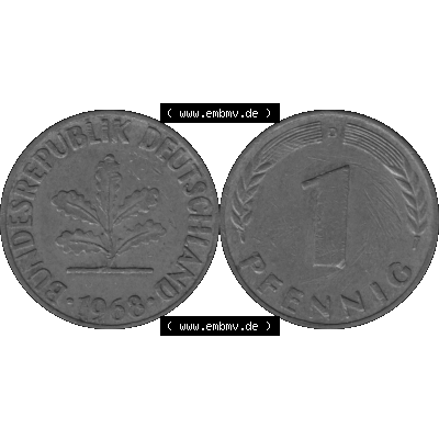 BRD Münzen 1 Pfennig Umlaufmünze in Graustufen PNG 1950-2001, 1 Pfennig 1968 München D-01. Graustufen-Bilder der Vorderseite und Rückseite mit Wert-Zahl auf einen Bild... Sammlung
