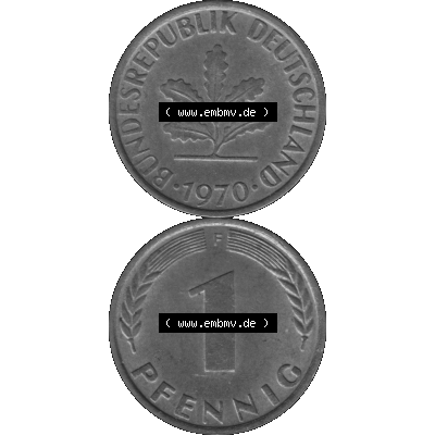 BRD Münzen 1 Pfennig Umlaufmünze in Graustufen PNG 1950-2001, 1 Pfennig 1970, 1970er Jahre Mzz. F-01. Graues-Bild 1 Pfennig F aus farbigen Bild erstellt mit Vorderseite... Sammlung