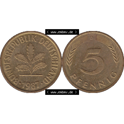 BRD Münzen 5 Pf., Umlaufmünze 1950-2001, 5 Pfennig Deutschland der BRD, 1987 Münzstätte München Mzz. D-02. Vorderseite und Rückseite... Sammlung
