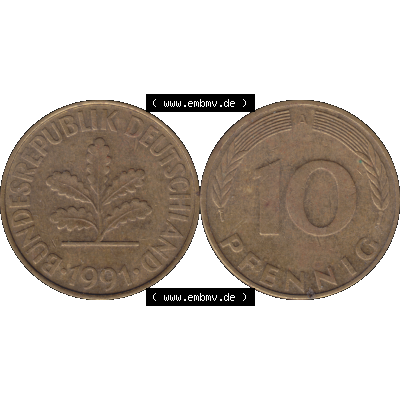 BRD Münzen 10 Pf. Umlaufmünze in PNG 1990-2001, 10 Pfennig 1991 A-03. Vorderseite und Rückseite mit Wert-Zahl auf einen Bild / Foto der digitalisierten 10 Pfennig... Sammlung