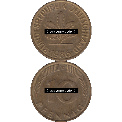 BRD Münzen 10 Pf. Umlaufmünze in PNG 1950-2001, 10 Pfennig 1986 D-07. Vorderseite und Rückseite auf einen Bild / Foto vertikal untereinander zusammengefügt,... Sammlung