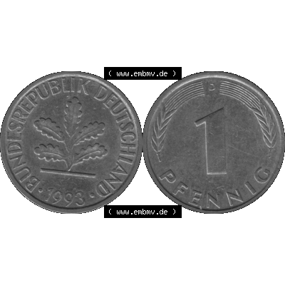 BRD Münzen 1 Pfennig Umlaufmünze in Graustufen PNG 1950-2001, 1 Pfennig 1993 München D-01. Graustufen-Bilder der Vorderseite und Rückseite mit Wert-Zahl auf einen Bild... Sammlung
