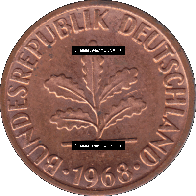 BRD Münzen 1 Pfennig Umlaufmünze in PNG 1950-2001, 1 Pfennig 1968, 1960er Jahre Stuttgart F-01. Vorderseite der digitalisierte 1 / Ein - Pfennig BRD F, mit Mzz.... Sammlung
