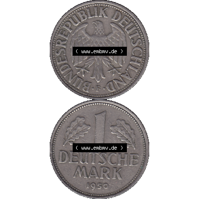 BRD Münzen 1 DM, Umlaufmünze 1950-2001, 1 / Eine DM - Eine Deutsche Mark, 1950 F-1. Münzen-Rückseite und Münzen-Vorderseite vertikal untereinander... Sammlung