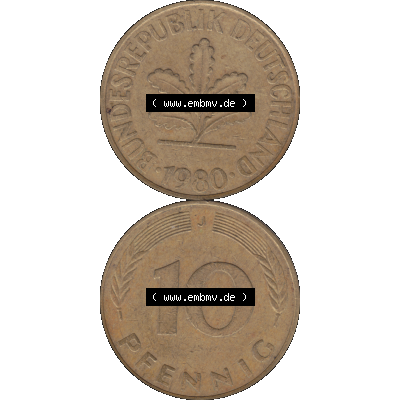 BRD Münzen 10 Pf. Umlaufmünze in PNG 1950-2001, 10 Pfennig der Bundesrepublik Deutschland 1980 Münzstätte Hamburg Mzz. J-01. Vorderseite und Rückseite... Sammlung
