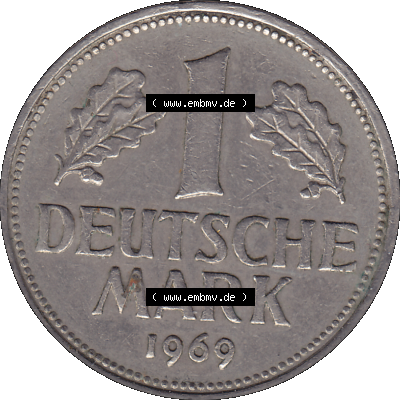 BRD Münzen 1 DM, Umlaufmünze 1950-2001, BRD Deutschland 1 / Eine DM - 1 Eine Deutsche Mark, 1969 Münzzeichen Hamburg Mzz J-1. Münzen-Rückseite mit... Sammlung