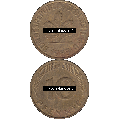 BRD Münzen 10 Pf. Umlaufmünze in PNG 1950-2001, 10 Pfennig 1985 D-01. Vorderseite und Rückseite auf einen Bild / Foto vertikal untereinander zusammengefügt,... Sammlung