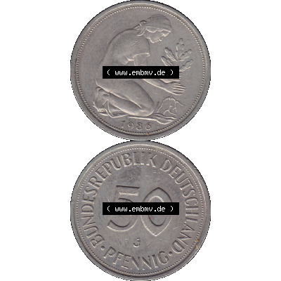 BRD Münzen 50 Pf. Umlaufmünze in PNG 1950-2001, 50 Pfennig 1986 J-01. Vorderseite und Rückseite auf einen Bild / Foto vertikal untereinander zusammengefügt,... Sammlung