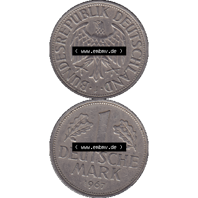BRD Münzen 1 DM, Umlaufmünze 1950-2001, BRD Deutschland 1 / Eine DM - 1 Eine Deutsche Mark, 1967 Münzzeichen Hamburg Mzz J-1. Münzen-Rückseite und... Sammlung
