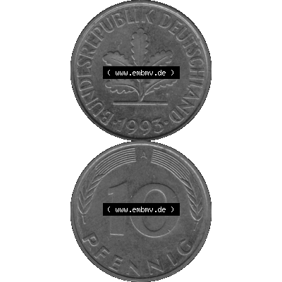 BRD Münzen 10 Pf. Umlaufmünze in PNG 1990-2001, 10 Pfennig 1993 A-01 Graustufen. Graustufen-Bilder mit Vorderseite und Rückseite auf einen Bild / Foto vertikal untereinander... Sammlung
